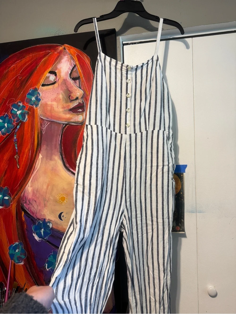 Linen blend striped overalls sz medium